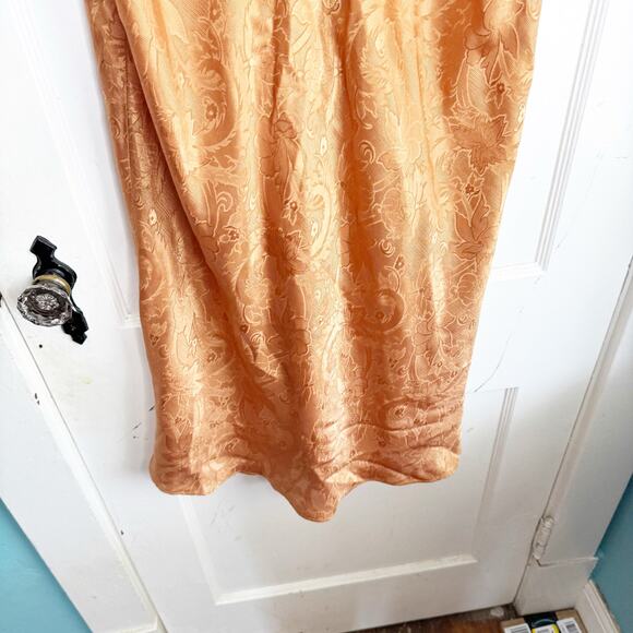 Vintage Satin Embossed Floral Print Slip Dress Orangish Brown Deep V-Neck Large - Picture 3 of 10